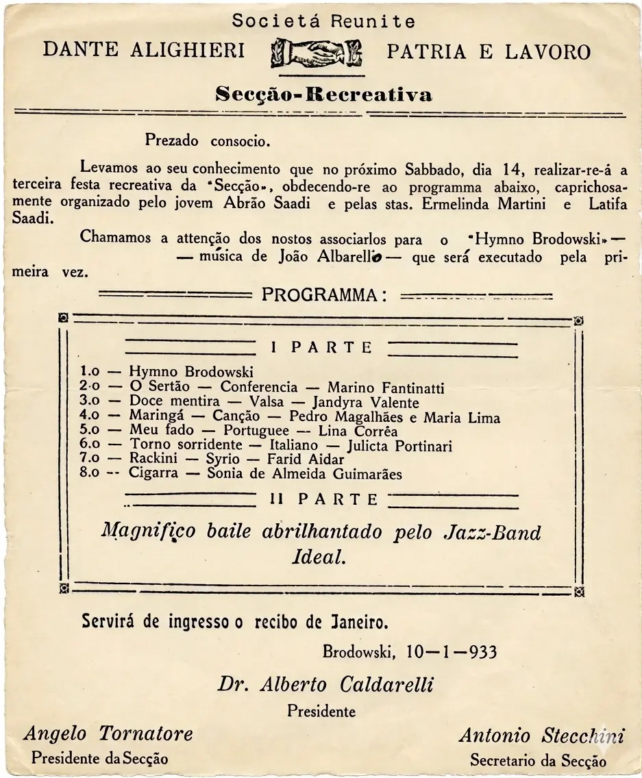 Convite da Societá Reunite Dante Alighieri para a primeira exibição do Hino a Brodowski em 1933